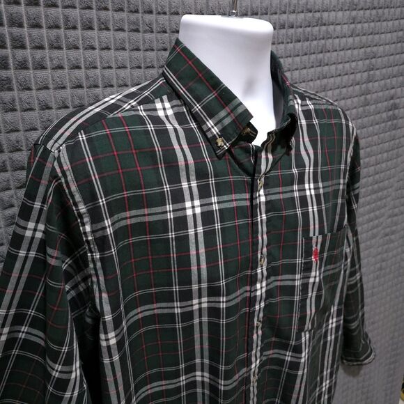 Button Long Sleeve Collared Shirt Mens Lg Green Plaid Holiday Lightweight Logo - Picture 7 of 16